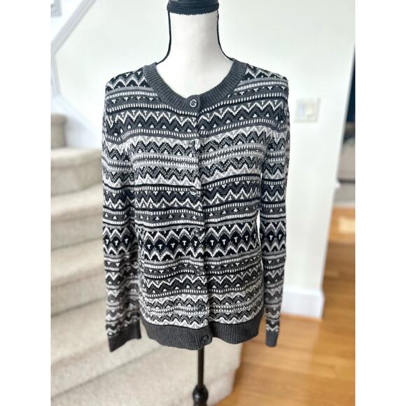 NWOT Talbots Wool Blend Grey Fair Isle Button Up Cardigan - Picture 1 of 6